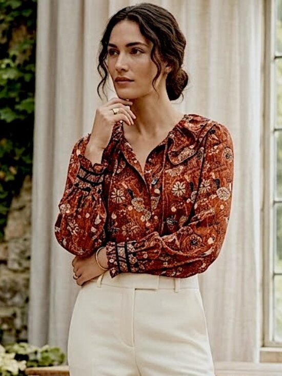 A Loves A Tops - A Loves A Boho Victorian Ruffle Neck Platter Collar Floral Blouse Size XL